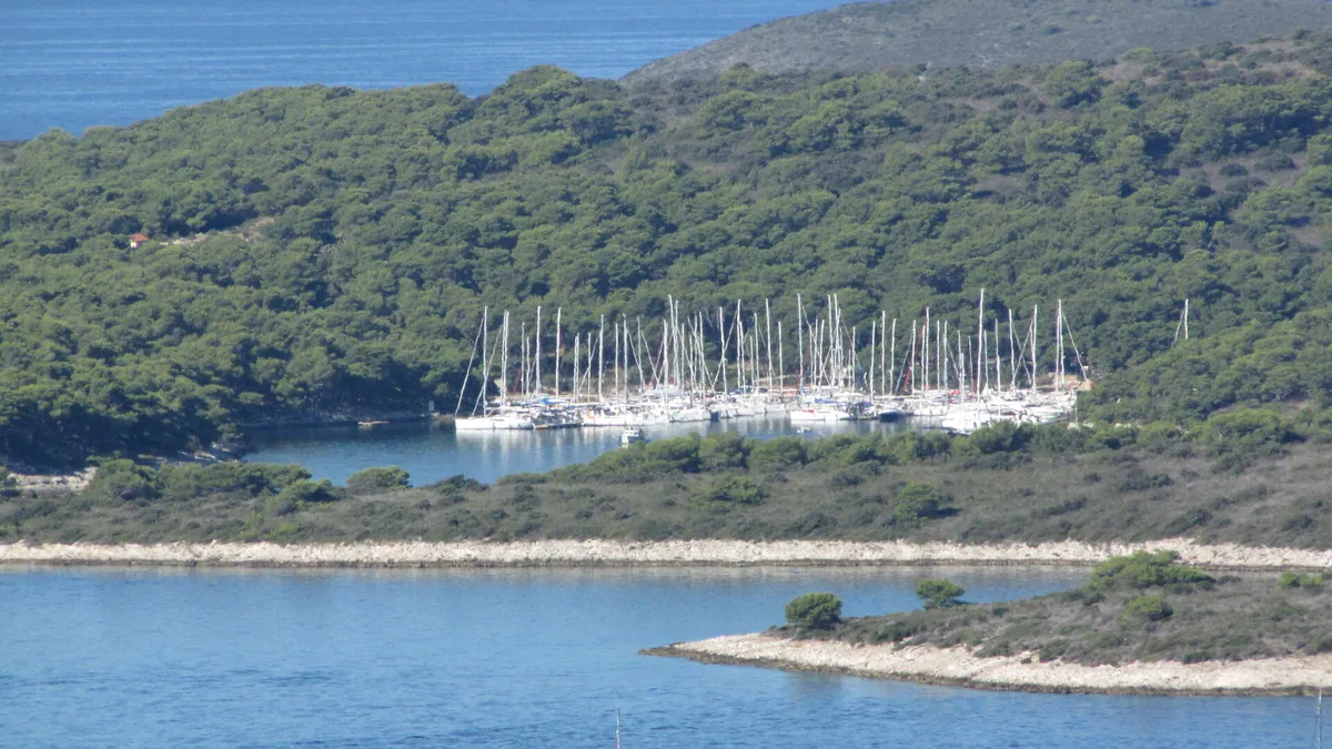 ACI Marina Palmižana from the hills above Hvar town: the yachts on its pontoons at the head of the cove on Sveti Klement, in pine woods, with low islets of the Pakleni channel in front
