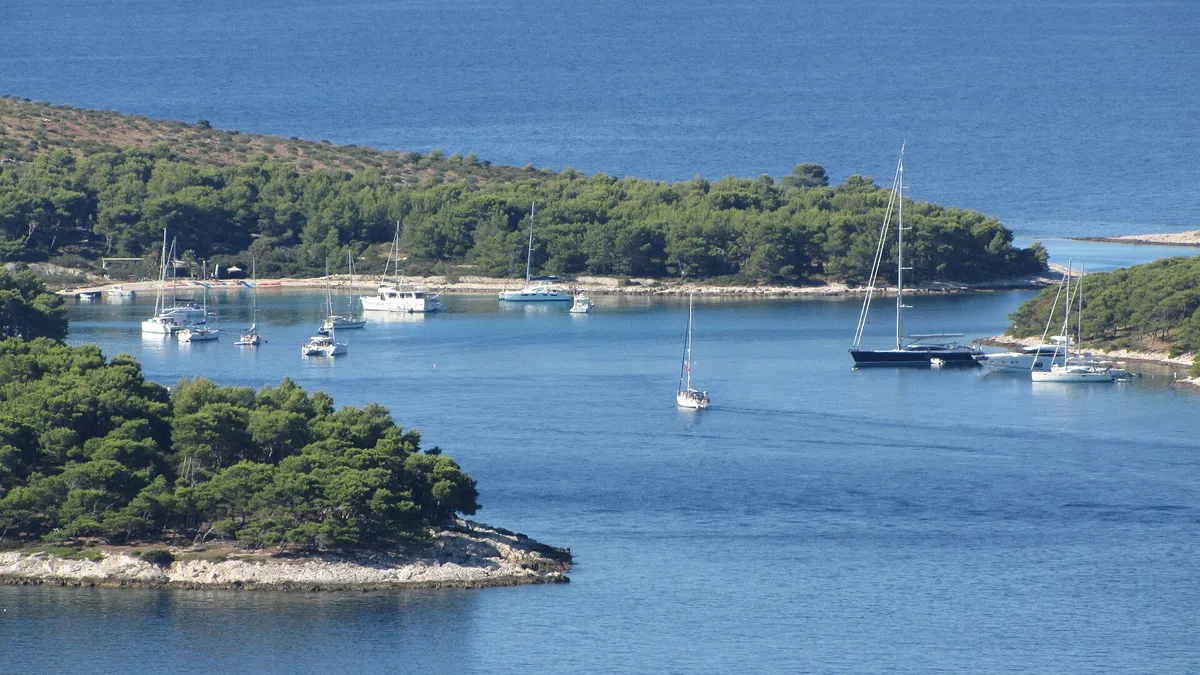 Sailing yachts anchored in a pine-fringed bay in the Pakleni islands, telephoto from the hills