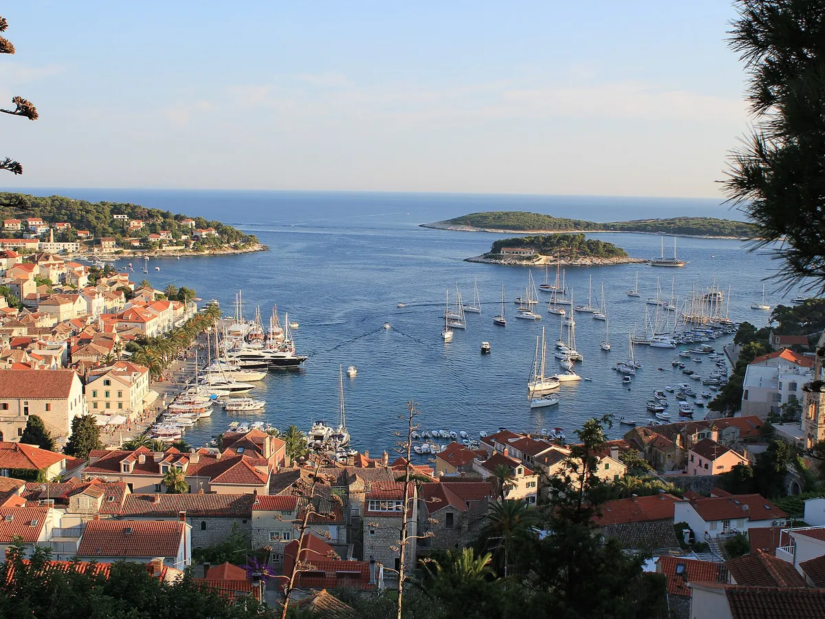 Hvar town harbour packed with yachts and the Pakleni islands, seen from the hillside above town