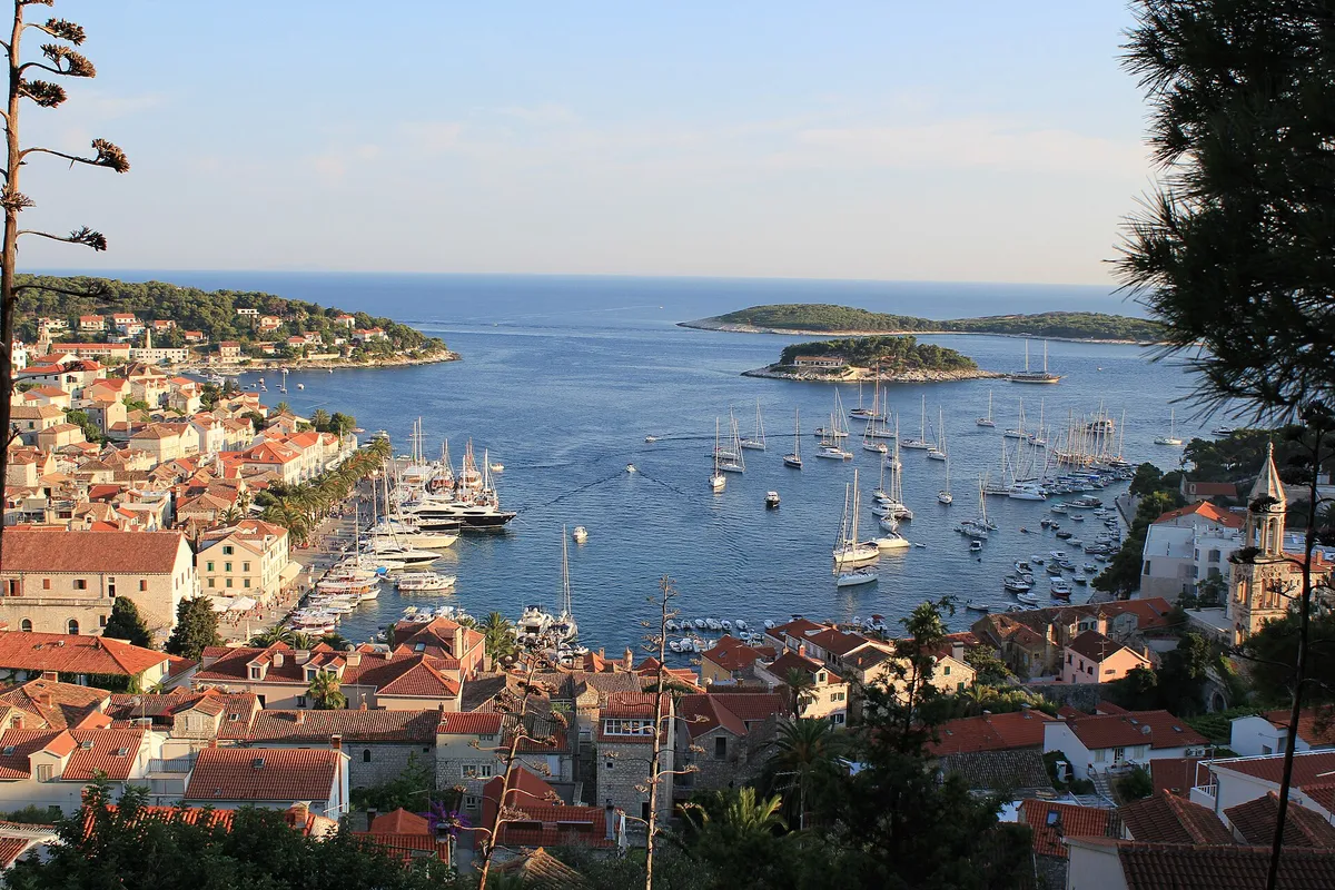 Hvar town harbour packed with yachts and the Pakleni islands, seen from the hillside above town