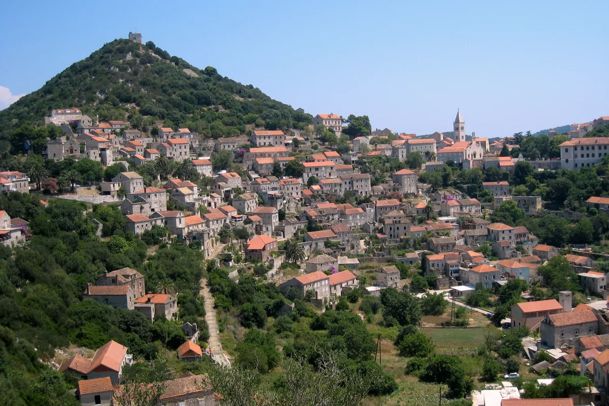 Lastovo town on its hillside, stone houses with red roofs climbing towards the church tower, below the wooded hill with the fort on top