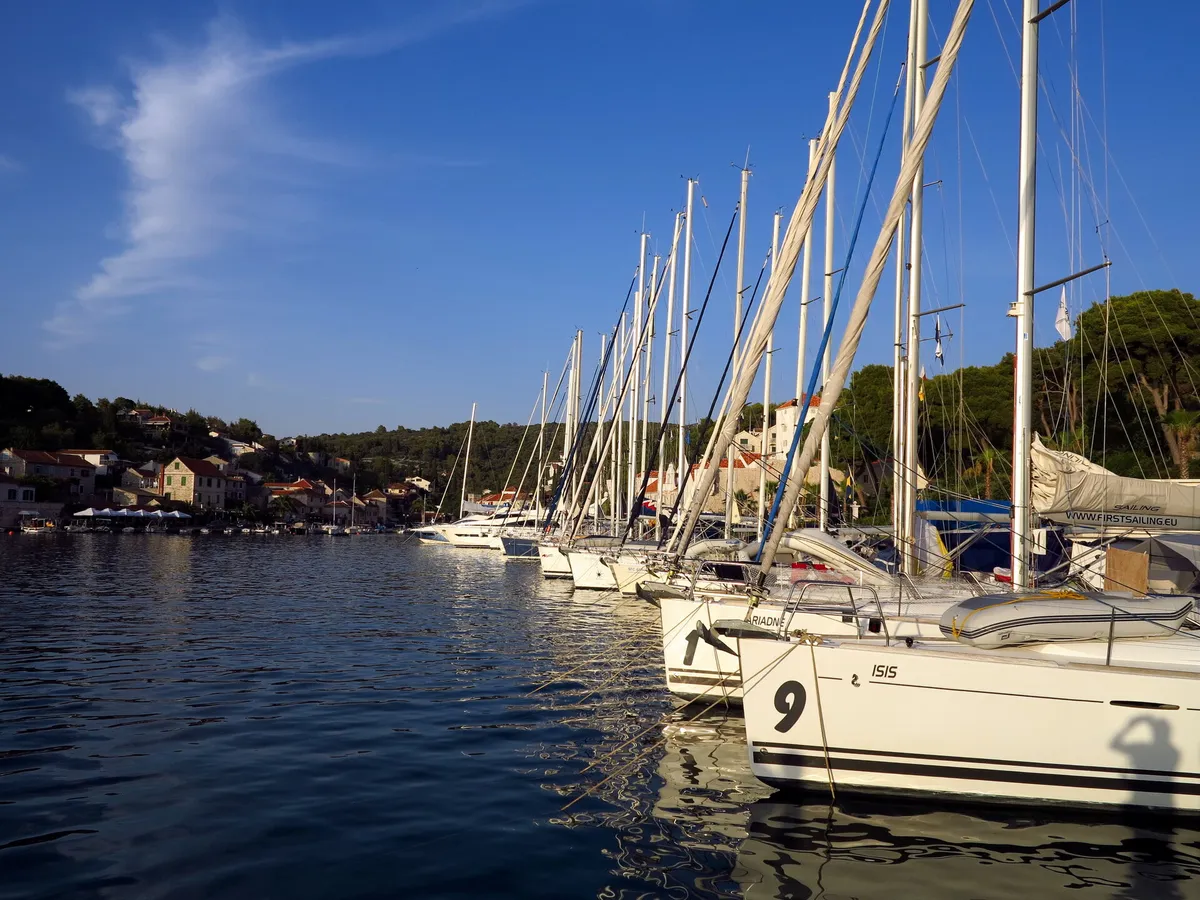 Sailing yachts moored stern-to in a long row along the marina quay in Maslinica, Šolta, seen from the water, with the village and pine woods behind