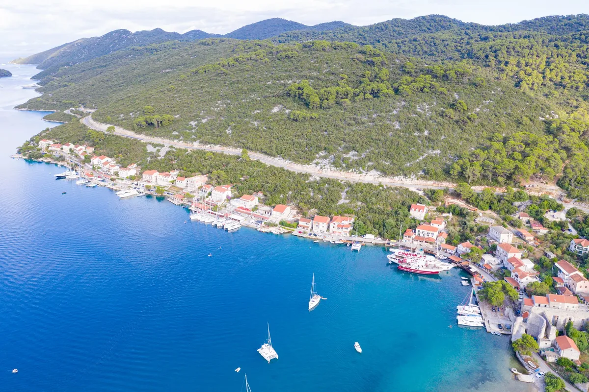 Polače on Mljet from the air, with yachts moored along the quay below the pine-covered hill, and sailing yachts and a catamaran at anchor in the bay
