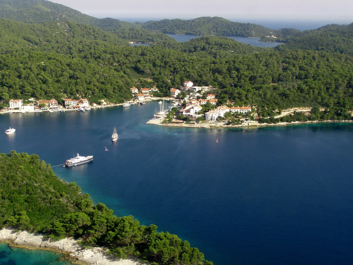 Pomena harbour on Mljet from above, with the village and its quay on the point, a gulet and a motor yacht at anchor and pine forest all around