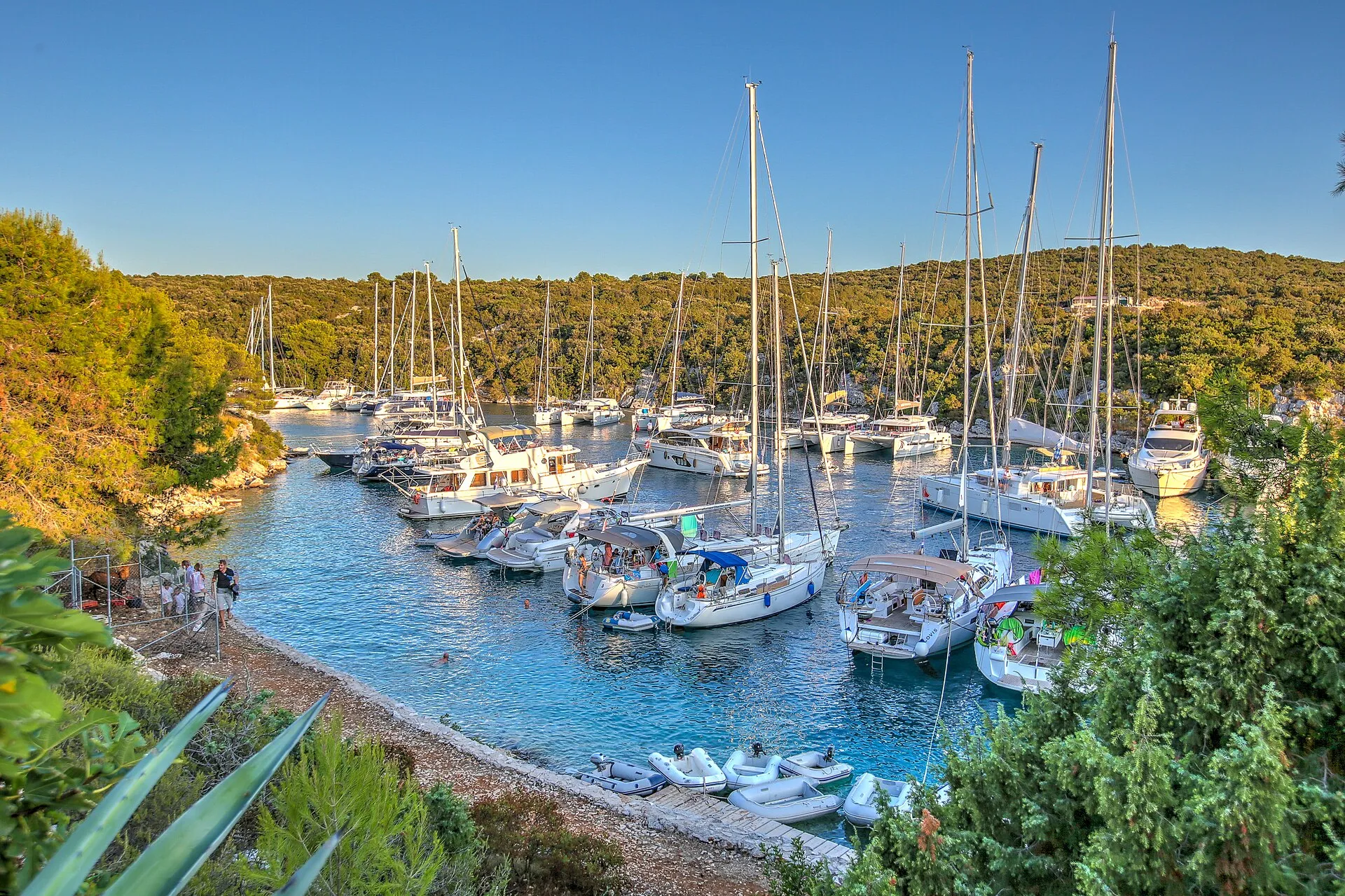 Yachts moored close together in the narrow Šešula bay beside Maslinica, late light