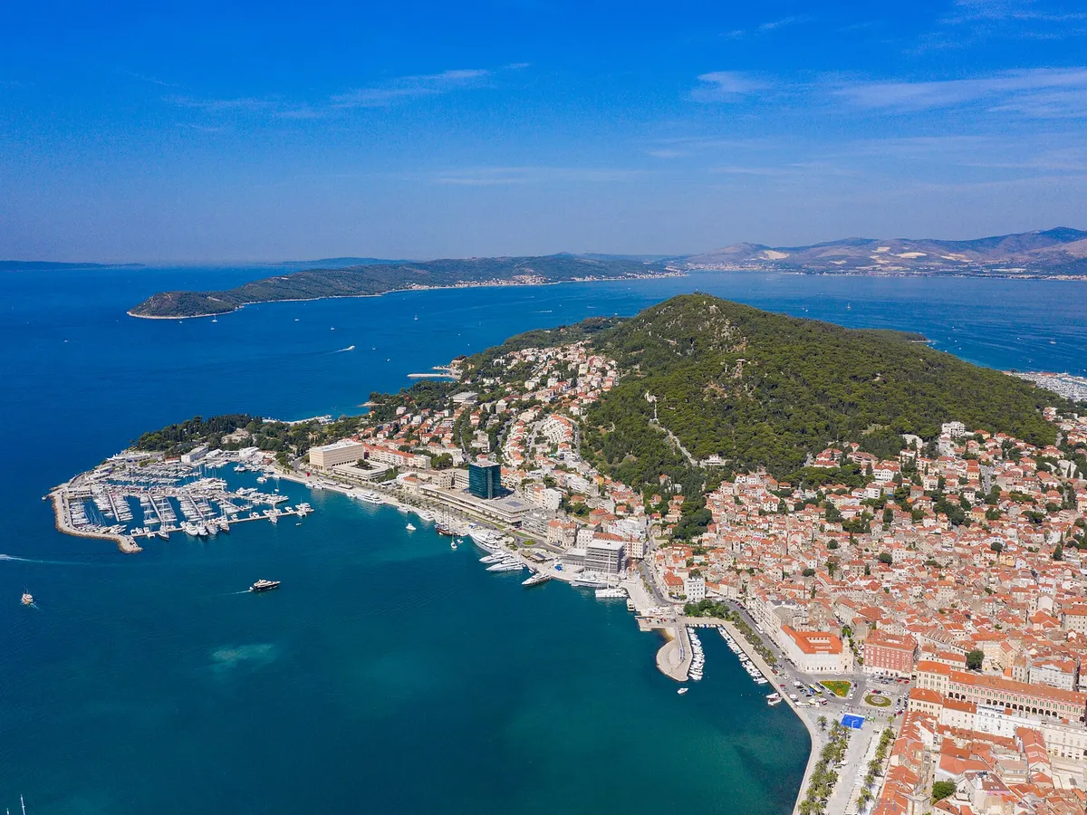 Aerial of Split with ACI Marina Split, Marjan hill, the Riva and the islands beyond
