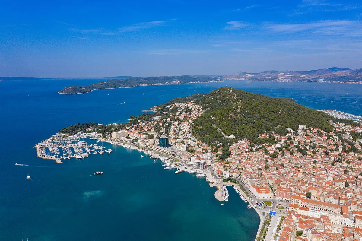 Aerial of Split with ACI Marina Split, Marjan hill, the Riva and the islands beyond