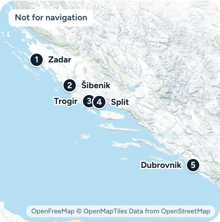 Map of the Croatian coast with the five charter bases numbered: 1 Zadar, 2 Šibenik, 3 Trogir, 4 Split, 5 Dubrovnik. Not for navigation